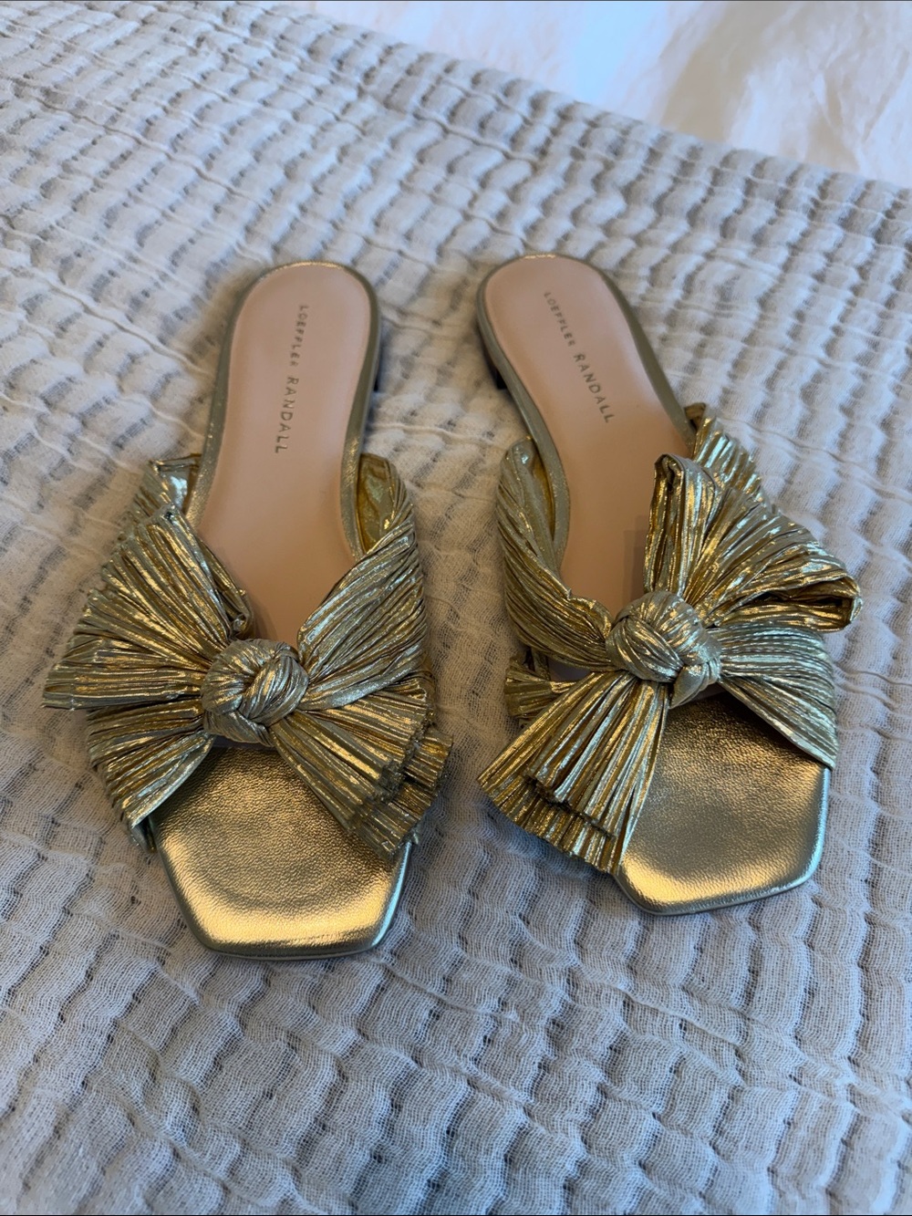 Loeffler Randall Metallic Gold Knotted Bow Slides